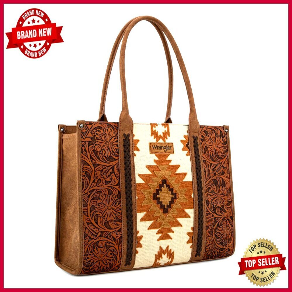 Large Genuine Leather Tote Bag with Aztec Tapestry and Western Flair